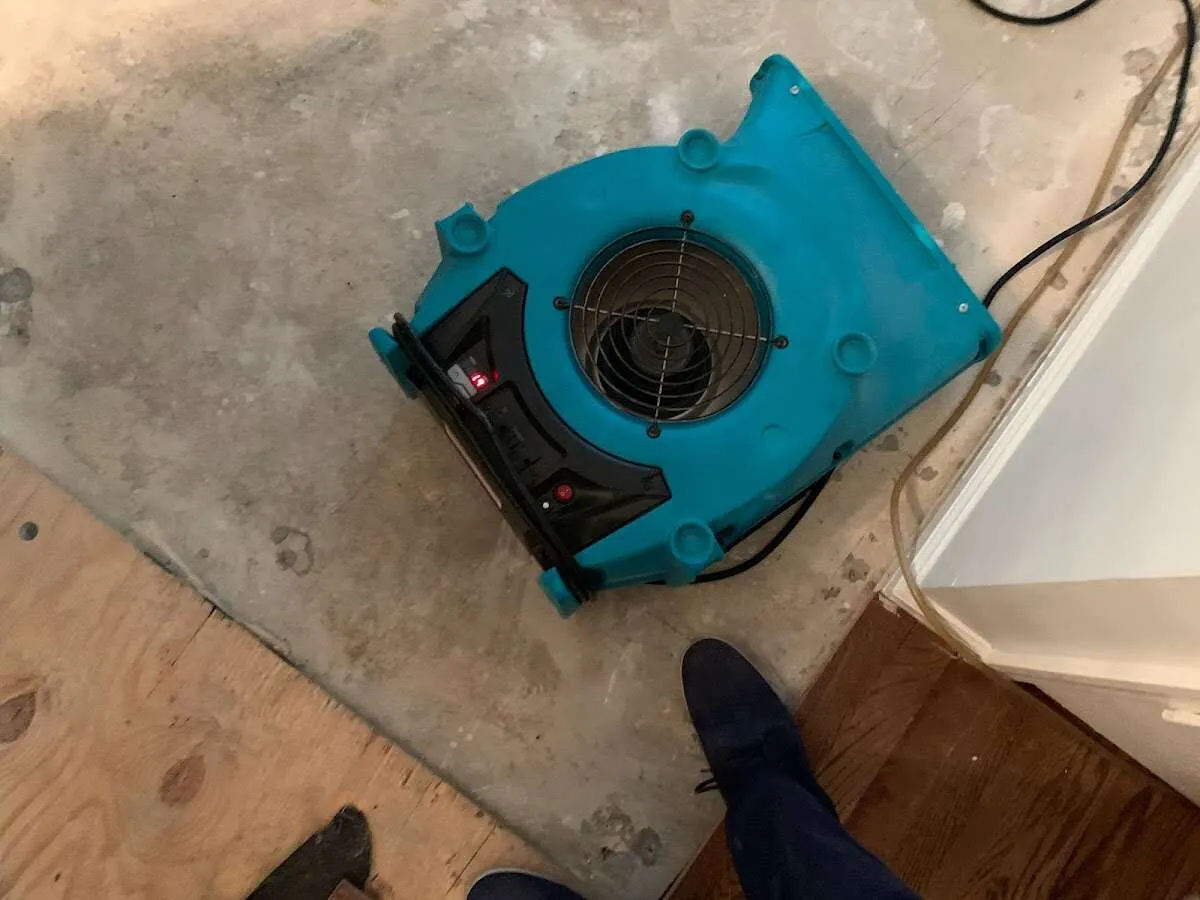 Air mover drying subfloor during Leak Detection & Repair in Martic